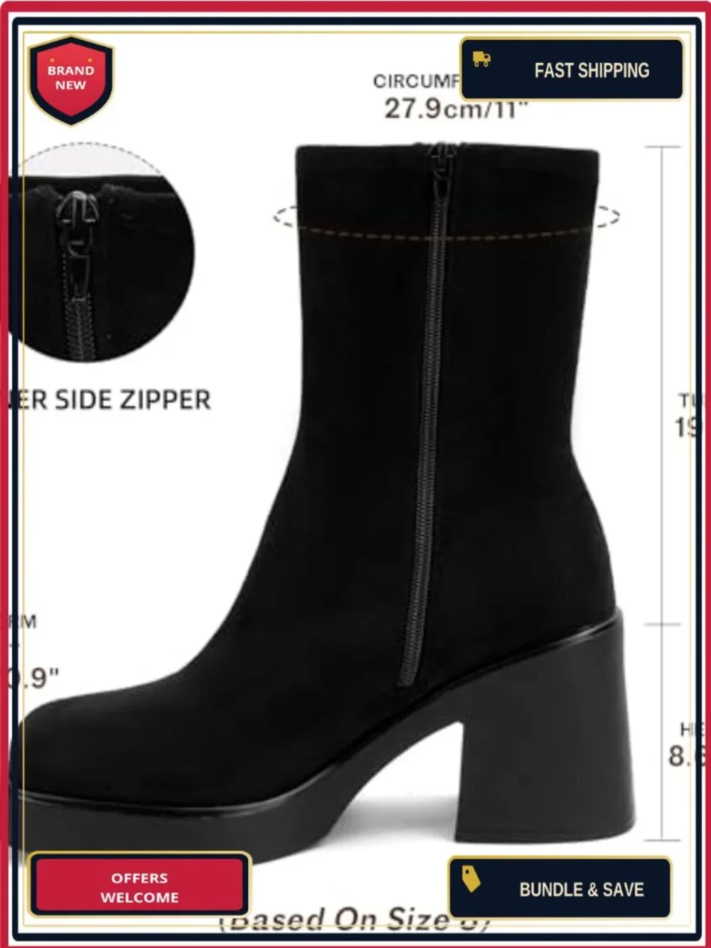 Women's Square Toe Suede Mid Calf Boots Chunky Block Heeled Ankle Bootie Side